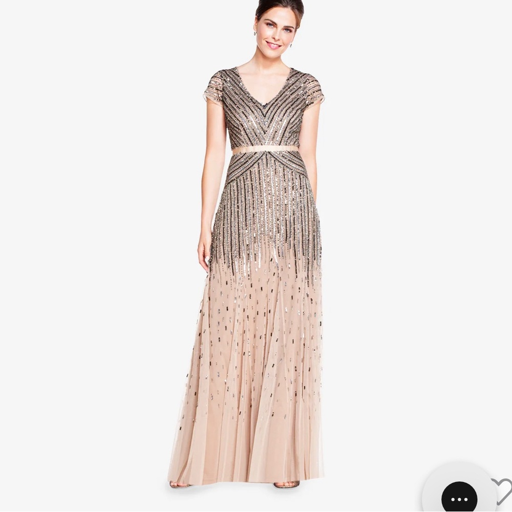 Adrianna Papell BEADED V-NECK GOWN IN NUDE - 6